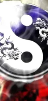 Yin-Yang symbol with dragons, red background