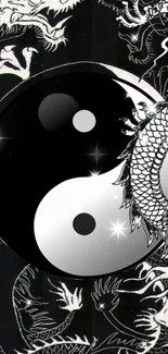 Yin Yang symbol with dragon design in black and white.