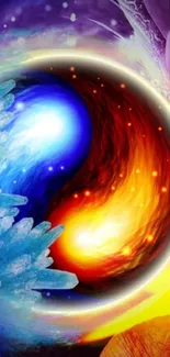 Vibrant Yin Yang wallpaper with fire and ice elements symbolizing balance.