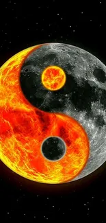 Yin Yang symbol with fiery and icy elements on a dark background.