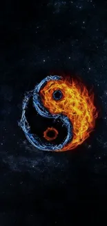 Fiery Yin Yang symbol with water and fire on a space-like black background.