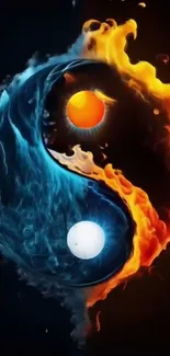 Yin Yang design with fire and water elements on a mobile wallpaper.