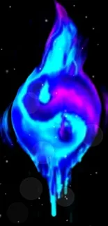 Vibrant blue and purple flaming Yin Yang design wallpaper.