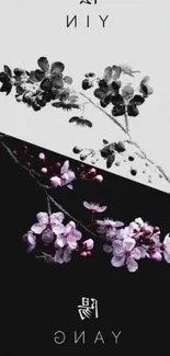 Yin Yang floral wallpaper with black, white, and pink design.