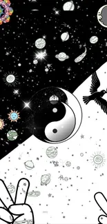 Yin Yang galaxy wallpaper with cosmic elements, peace signs, and contrasting colors.