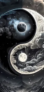 Yin yang symbol with cosmic and cloud elements in a phone wallpaper.