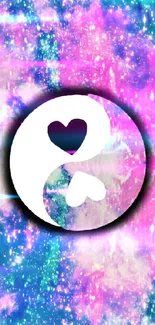 Colorful galaxy wallpaper with a unique yin yang heart design.