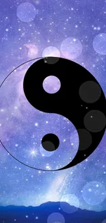 Yin Yang symbol on a starry purple galaxy background.