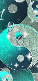 Teal glitter Yin Yang wallpaper with numbers 1967.