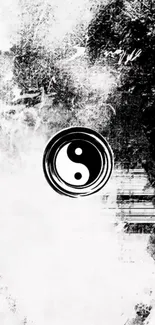 Yin Yang symbol in black and white grunge style wallpaper.