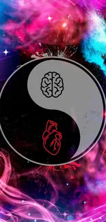 Yin yang mobile wallpaper with brain and heart in vibrant cosmic colors.