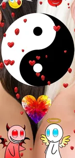 Yin yang symbol with hearts and cartoon characters on a mobile wallpaper.