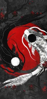 Yin Yang koi fish art with red circle on black background wallpaper.