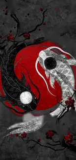 Yin yang koi art wallpaper with red circle and dark branches.