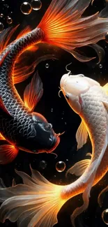 Yin yang koi fish art with vibrant orange and black hues.