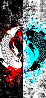 Yin Yang koi fish wallpaper with red and blue contrasts.