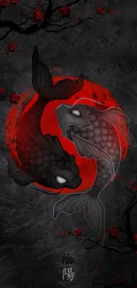 Artistic Yin-Yang koi fish with red circle and cherry blossoms on dark background.