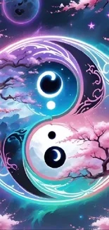 Yin Yang-themed wallpaper with moonlit cherry blossoms in blue and pink hues.