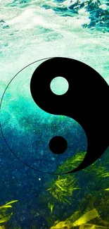 Yin yang symbol over ocean waves with seaweed, capturing tranquility.