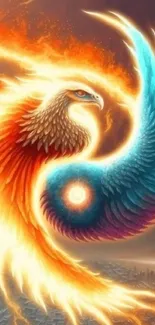 Vibrant Yin Yang Phoenix wallpaper for mobile phone display.