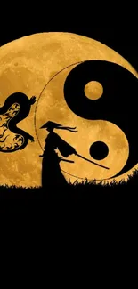 Samurai silhouette with Yin Yang in golden moonlight.