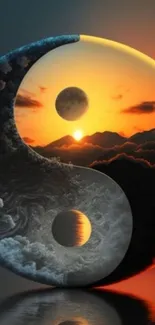 Yin Yang symbol with a sunset and cloud theme.