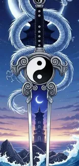 Yin Yang sword with dragon in ocean fantasy art wallpaper.