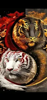 Yin Yang tigers in vibrant red and orange tones, striking phone wallpaper.