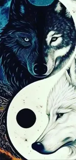 Yin Yang wolves in mystical artistic design wallpaper.