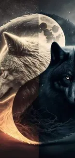 Yin Yang wolves create mystical balance on phone wallpaper.