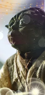 Yoda in a galaxy-themed fantasy setting with cosmic lights.