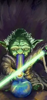 Yoda inspired artwork with lightsaber and colorful design on a mobile wallpaper.