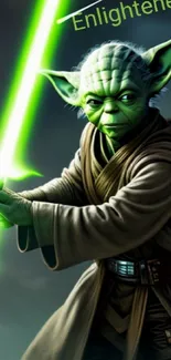 Enlightened Yoda holds glowing green lightsaber on dark background.