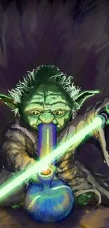 Artistic wallpaper of Yoda holding a green lightsaber.