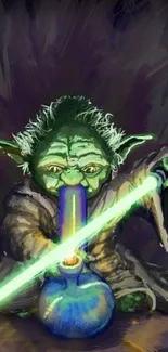 Yoda holding a glowing saber with unique creative design.