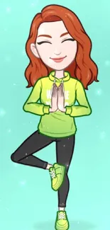 Cartoon character doing yoga in tree pose on green background.