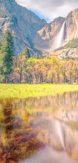 Yosemite waterfall with lush greenery and clear reflection, mobile wallpaper.