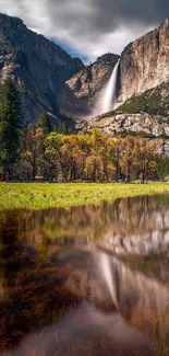 Yosemite waterfall and reflection in picturesque landscape.