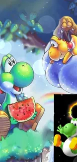 Yoshi cartoon wallpaper with watermelon.