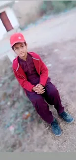 A young boy in red attire sits outdoors.