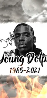 Tribute wallpaper of Young Dolph with clouds and commemorative text.