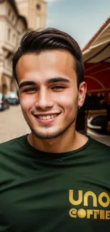 Portrait of a smiling young man in a stylish urban setting, wearing a green shirt.