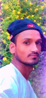 Young man posing with yellow flowers and wearing a black cap.