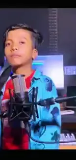 Young singer performing in a studio.