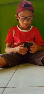 Boy in red shirt using smartphone on green background.