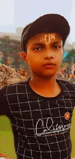 Youth in a hat with a serene outdoor backdrop.