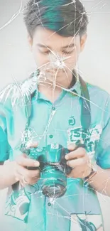 Young person focused on camera with turquoise shirt background.