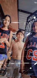 Three kids in Chicago Bulls jerseys posing energetically.