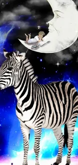 Zebra standing beneath a dreamlike moon.