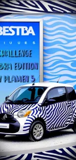 Zebra-striped car with blue wave background on wallpaper.